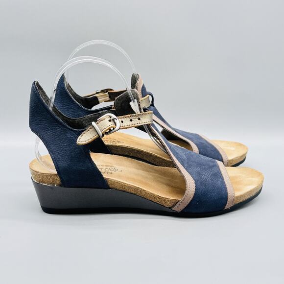 Naot Sandals Womens 9 Blue Leather Fiona Wedge Slingback T Strap Adjustable Cork - Picture 1 of 10